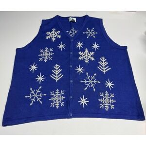 Quacker Factory Blue White Snowflake 2X Sweater Vest Christmas Winter Holiday